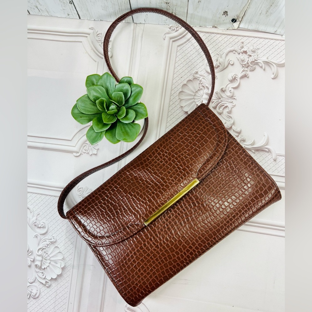Vintage 1980s Brown Croc, faux Leather Shoulder Bag embellished Medium
